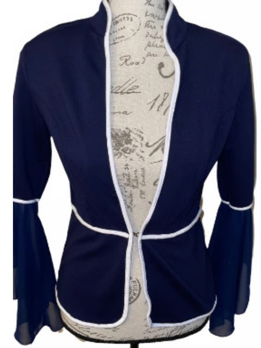 EUC VENUS Navy Rayon Blend Jacket/White Trim and Sheer Bell Sleeves Unique! Soft